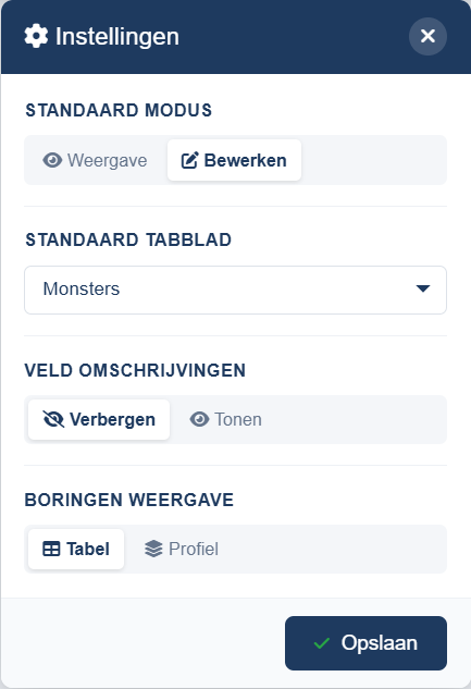 Gebruikersinstellingen paneel